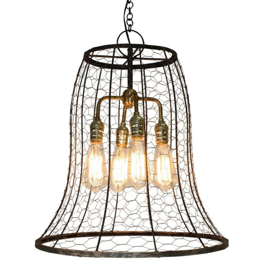 Burnished Gold Bell Shaped Wire Chandelier - Iron & Tole Wire Cage Four Light Bulb Hanging Chandelier | Shown with recommended Edison light bulbs | INSIDE OUT | InsideOutCatalog.com