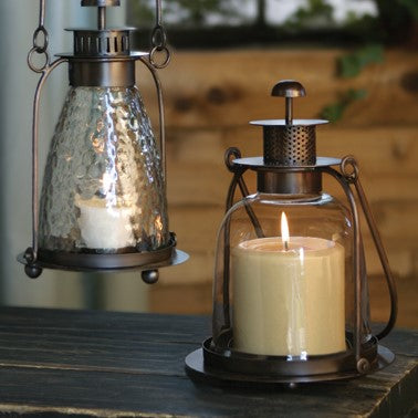 Metal and Glass Candle Lanterns | Smooth Glass Lantern | Hammered Glass Lantern | decor for your inside and outside living | INSIDE OUT | InsideOutCatalog.com