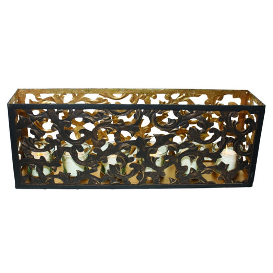 Dark Gold Acanthus Leaf Design Votive Candle Holder - Tole & Iron Cut-Out Rectangular Tabletop Candle Holder with six Votive Glass Candle Holders | INSIDE OUT | InsideOutCatalog.com