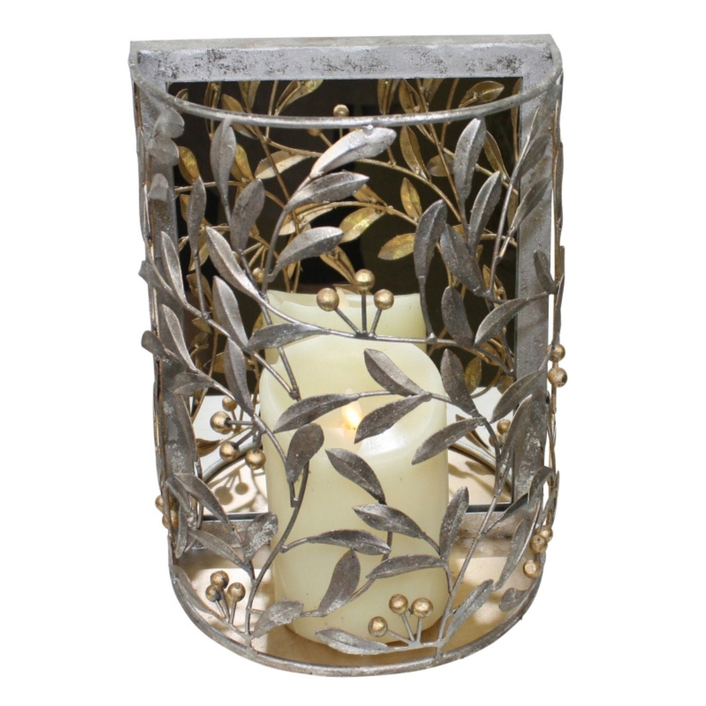 Silver and Gold Iron Wall Sconce - Leaf & Berry Accented Iron & Tole Candle Holder with Mirrored Back | INSIDE OUT | InsideOutCatalog.com