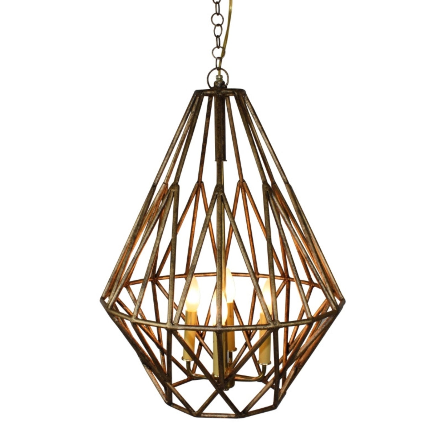Four Light Geometric Diamond Shaped Iron & Tole Chandelier in Antique Gold (24.5"H) | INSIDE OUT - InsideOutCatalog.com