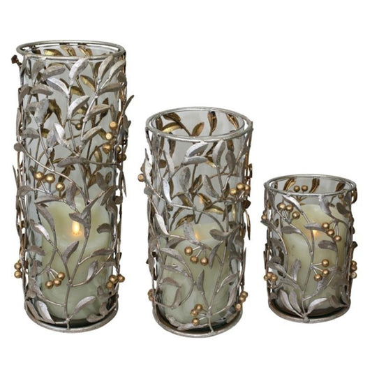 Silver and Gold Iron Hurricanes - Leaf & Berry Accented Iron & Glass Candle Holders - 3 Sizes to Choose From | INSIDE OUT | InsideOutCatalog.com