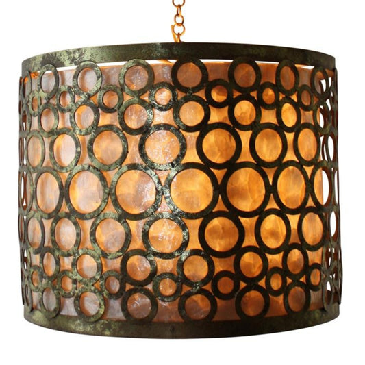 Italian Gold Iron Circle Accent Chandelier - Iron Six Light Drum Chandelier with Creme Capiz Liner | exquisite over a dining table, reading corner, entryway, or in a fabulous upscale walk-in closet | Iron Circle Chandelier hand finished in exquisite Italian gold to complement many home decor styles | INSIDE OUT | InsideOutCatalog.com