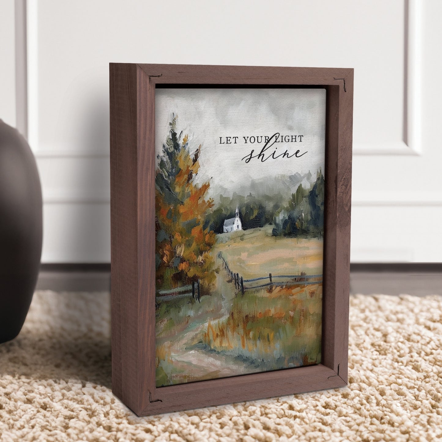 Old Country Church Small Framed Art - Let Your Light Shine Inspirational Home Accent on Carpeted Floor in front of white wainscoting | InsideOutCatalog.com