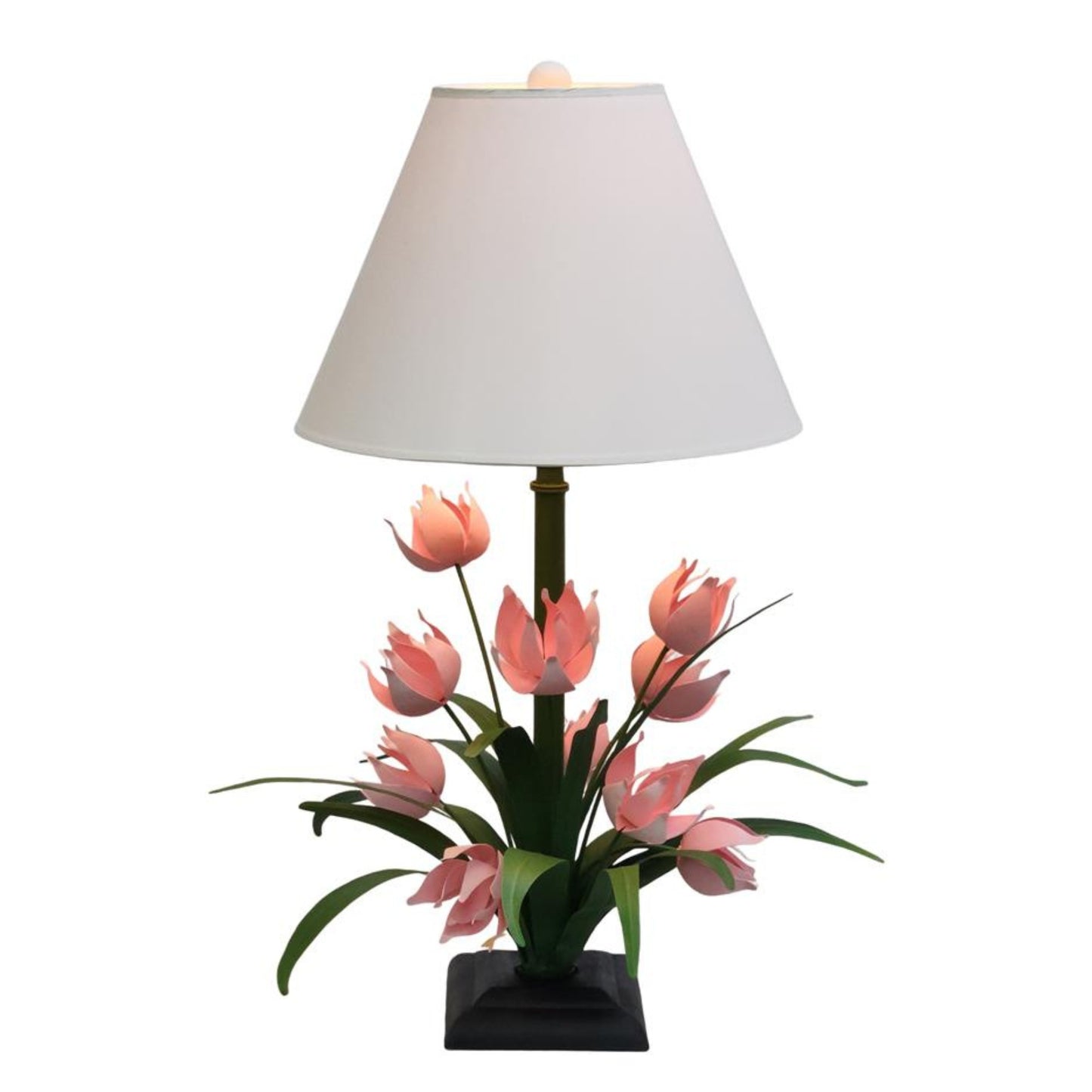 Hand Painted Large Tabletop Iron & Tole Pink Tulip Flower Table Lamp with Ivory Lamp Shade - Carleton Varney Design (32"H) shown lit up | INSIDE OUT - InsideOutCatalog.com