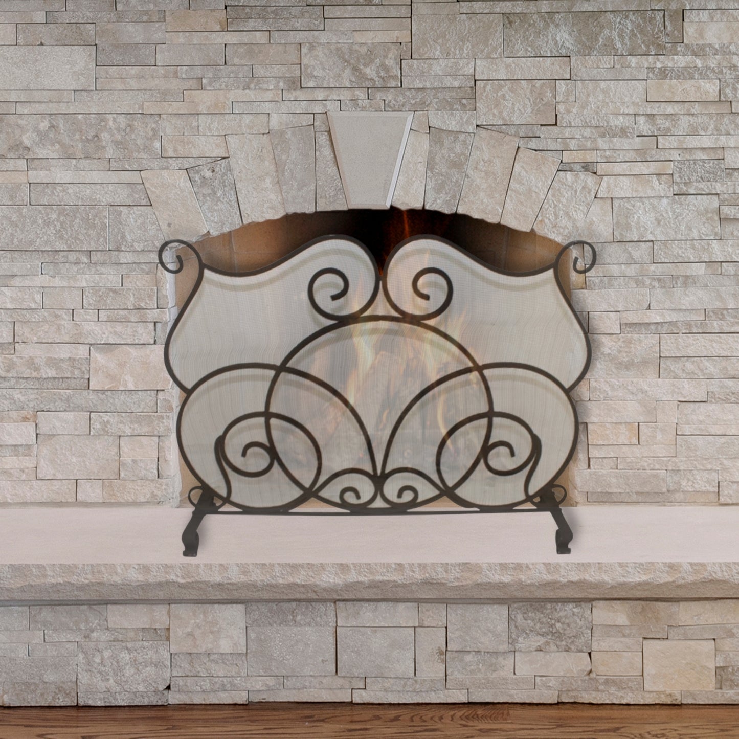 Single Panel Iron Scroll Fireplace Screen - Dark Stained Gold Fire Screen in front of stone fireplace | InsideOutCatalog.com