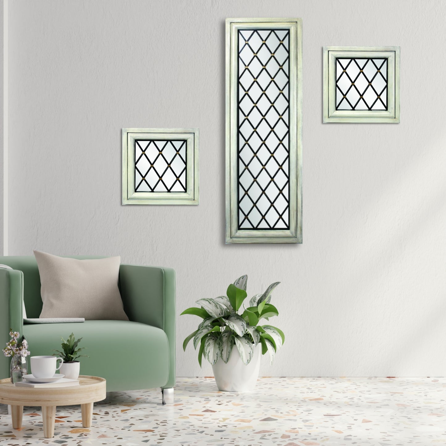 Wood Frame Rectangular Mirror with Metal Diamond Accents | Living room with green armchair, decorative mirrors, and a plant | INSIDE OUT - InsideOutCatalog.com