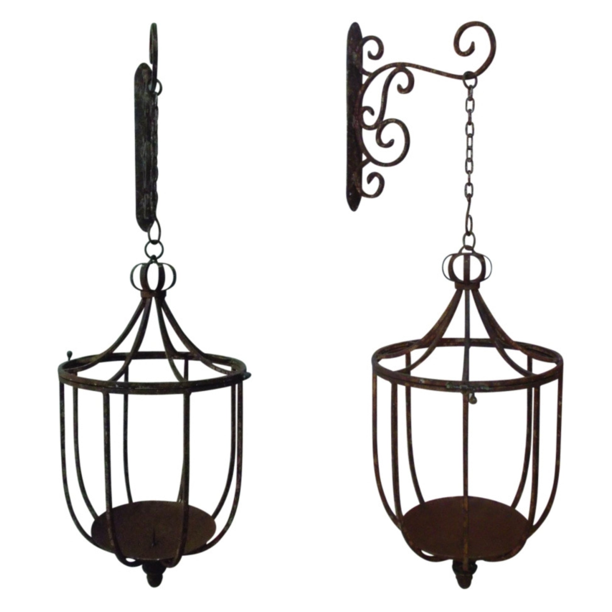 Large Hanging Iron Lantern or Hanging Plant Holder - Burnished Taupe (18"H) | Candle Lantern shown with matching iron bracket | INSIDE OUT - InsideOutCatalog.com