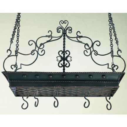 Burnished Gold Iron Pot Rack with Tole Accent Base and Twisted Iron Scroll Post | INSIDE OUT | InsideOutCatalog.com