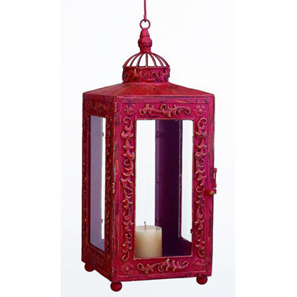Large Faux Red Rectangular Candle Lantern with Tole Accents (22"H) | INSIDE OUT | InsideOutCatalog.com