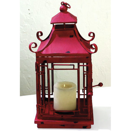 Distressed Red Iron Pagoda Lantern - Hanging Candle Lantern | Pagoda Lantern shown with Pillar Candle inside | INSIDE OUT | InsideOutCatalog.com