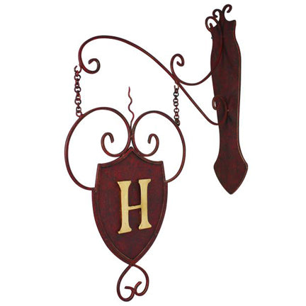 Wrought Iron Hanging Monogram Plaque with Iron Wall Bracket (33"H) | Estate Quality Home Decor | Personalized Wall Decor | Shown with the Monogram "H” | Iron finished in a rustic brown gold stain with Italian gold 5" monogram | INSIDE OUT | InsideOutCatalog.com