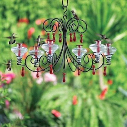 Grand Chandelier Hummingbird Feeder - Six Vessel Feeding Station - Available in 4 colors - Blue glass, Green glass, Aqua glass, Clear glass | Handblown glass Hummingbird Feeder | INSIDE OUT | InsideOutCatalog.com