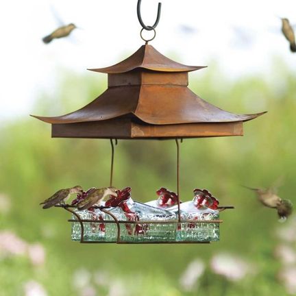 Rustic Tin and Recycled Glass Pagoda Style Hummingbird Feeder - Four Bird Feeding Stations | INSIDE OUT | InsideOutCatalog.com