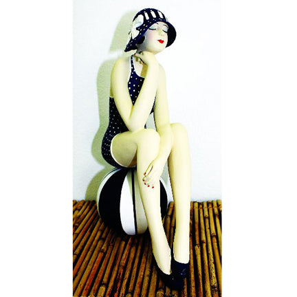 Collectible Bathing Beauty Figurine on Beach Ball - Navy & White Swimsuit & Sun Hat | Nostalgic Statuary | Collectible Figurine | INSIDE OUT | InsideOutCatalog.com