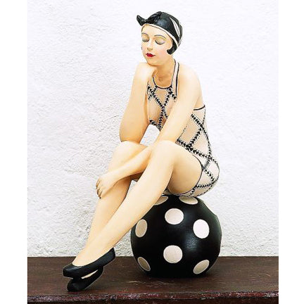 Bathing Beauty Figurine on Beach Ball - Black & White Swimsuit & Head Scarf | Collectible Bather | Beach Girl Figurine | Classic Black and White Swimwear on Collection Bathing Beauty Statuary | INSIDE OUT | InsideOutCatalog.com