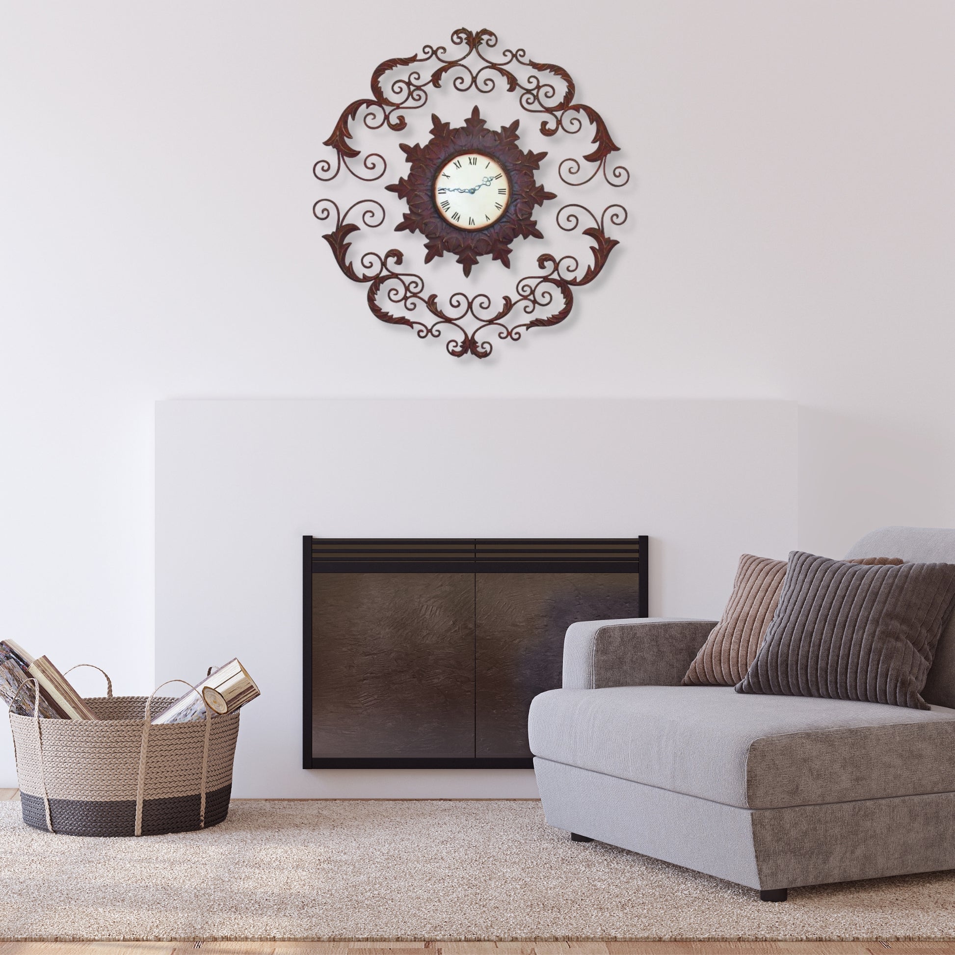 Large Iron Wall Clock with Leaf Accent - Ornate Iron Wall Clock (34") shown over fireplace in living room setting | INSIDE OUT | InsideOutCatalog.com