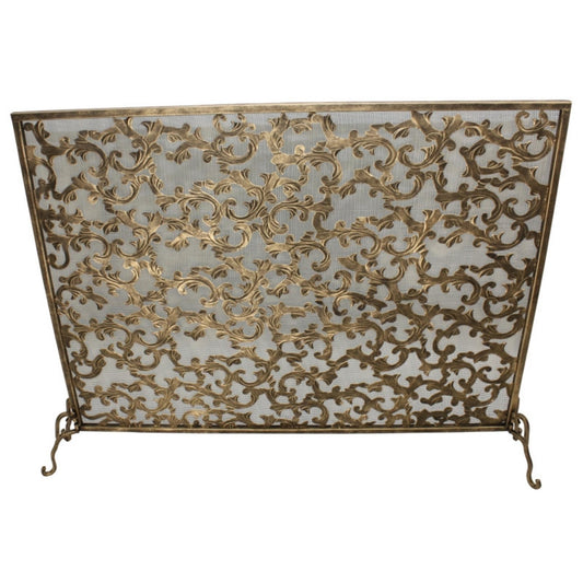 Acanthus Leaf Design Fire Screen - Fire Hearth Single Straight Panel Screen with Mesh | InsideOutCatalog.com