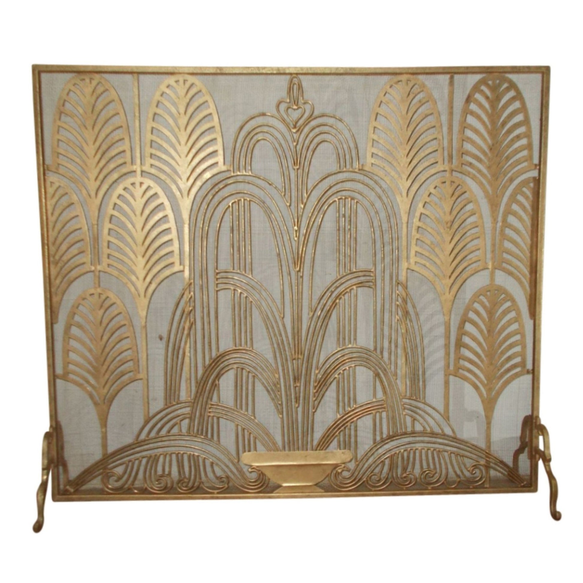 Art Deco Design Iron Fire Screen in Italian Gold - Single Panel Art Deco Fireplace Screen | InsideOutCatalog.com