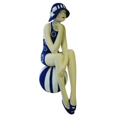 Bathing Beauty Figurine in Nautical Blue and White Floral Swimsuit Sitting on Striped Beach Ball | INSIDE OUT | InsideOutCatalog.com