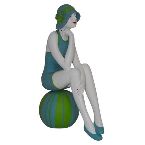 Bathing Beauty Statue in Turquoise and Lime Green Swimsuit with Sun Hat Sitting on Beach Ball | INSIDE OUT | InsideOutCatalog.com