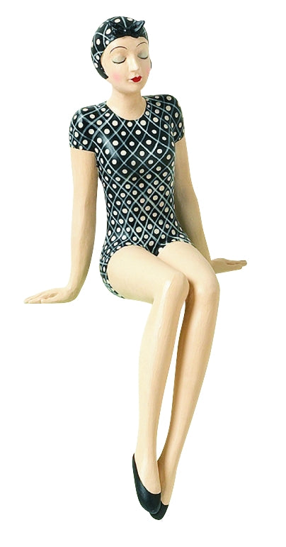 Bathing Beauty Figurine Shelf Sitter - Black & White Swimsuit & Head Scarf | Collectible Bathing Beauty Resin Statuary | Hand Painted | INSIDE OUT | InsideOutCatalog.com