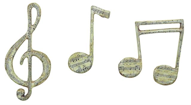 Music Symbols Wall Decor with French Music Sheets - Set of Three | Treble Clef, Eighth Note, and Sixteenth Note. Hooks on back for hanging | INSIDE OUT | InsideOutCatalog.com