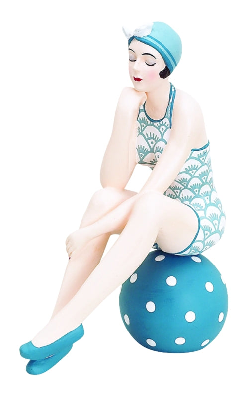 Bathing Beauty Figurine - Beach Girl Statue on Beach Ball - Coastal Living Blue | INSIDE OUT | InsideOutCatalog.com