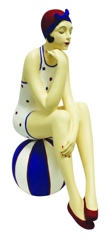 Bathing Beauty Figurine on Beach Ball – Red, White, and Blue Polka Dot Swimsuit, Matching Head Scarf, and Beach Ball | Collectible Figurine | Coastal Living | Beach style home accent | Fourth of July decoration | Americana Figurine | INSIDE OUT | InsideOutCatalog.com