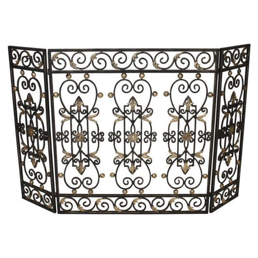 Decorative Three Panel Fire Screen - Iron Gate Design with Burnished Gold Finish | InsideOutCatalog.com