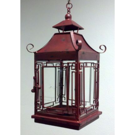 Distressed Red Iron Pagoda Lantern - Hanging Candle Lantern | INSIDE OUT | InsideOutCatalog.com