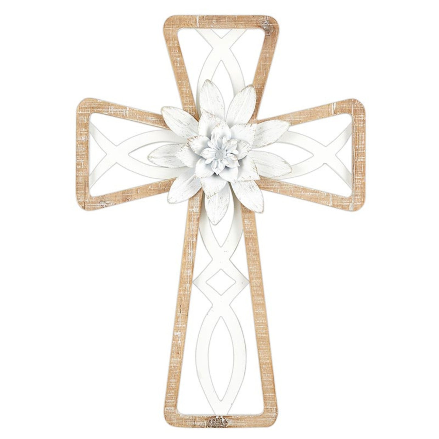 Wood Framed Ichthys (Icthus) Wall Cross - Fir and Metal Cross with White Metal Flower (14"H) | INSIDE OUT | InsideOutCatalog.com