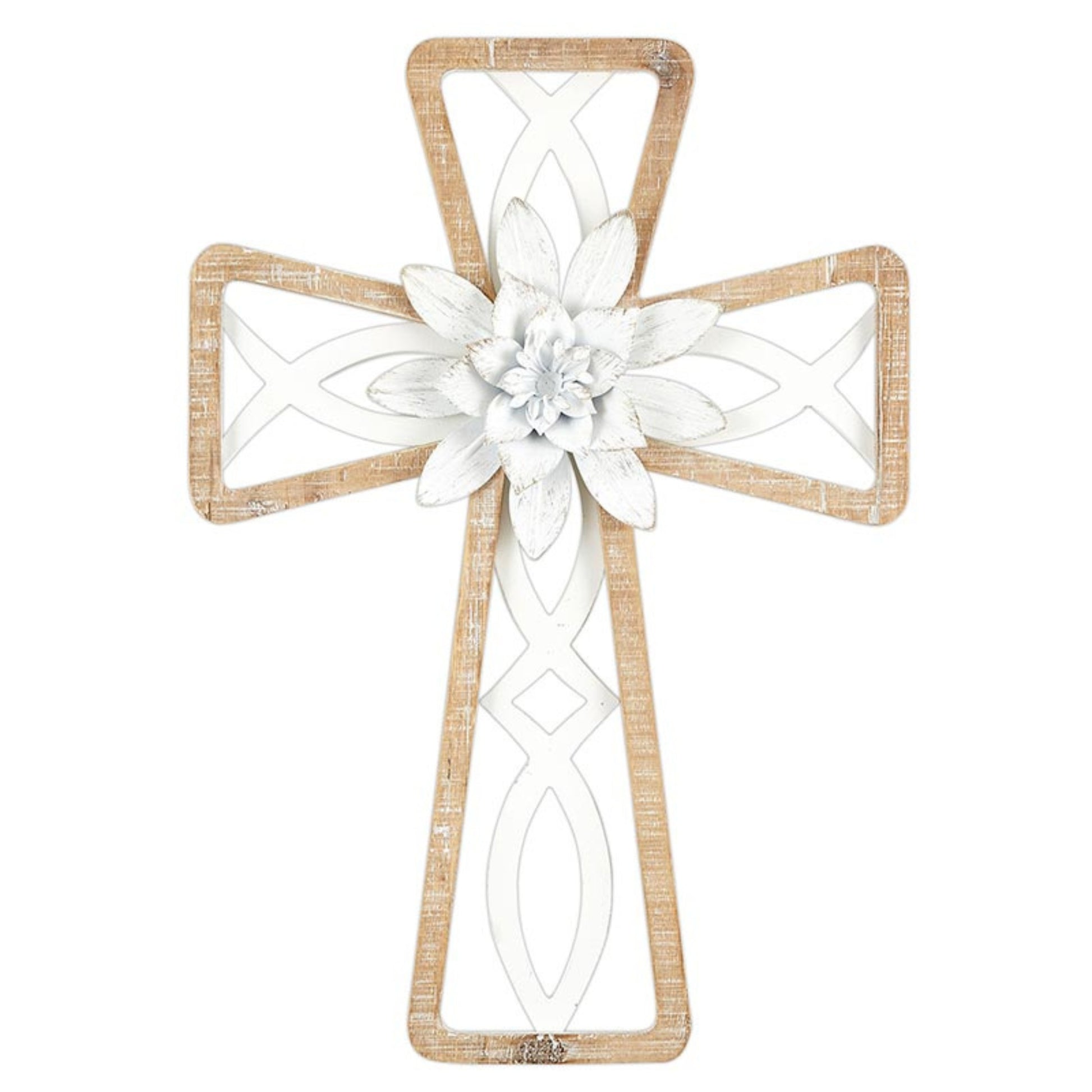 Wood Framed Ichthys (Icthus) Wall Cross - Fir and Metal Cross with White Metal Flower (14"H) | INSIDE OUT | InsideOutCatalog.com