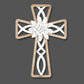 Wood Framed Ichthys (Icthus) Wall Cross - Fir and Metal Cross with White Metal Flower (14"H) shown on dark interior wall | INSIDE OUT | InsideOutCatalog.com
