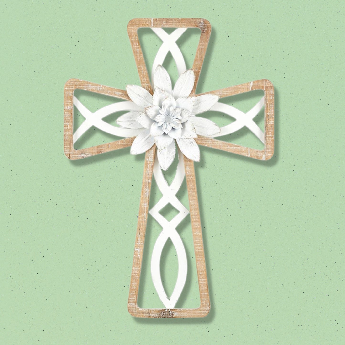 Wood Framed Ichthys (Icthus) Wall Cross - Fir and Metal Cross with White Metal Flower (14"H) shown on light mint green interior wall | coastal beachy home decor | INSIDE OUT | InsideOutCatalog.com