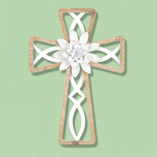 Wood Framed Ichthys (Icthus) Wall Cross - Fir and Metal Cross with White Metal Flower (14"H) shown on light mint green interior wall | coastal beachy home decor | INSIDE OUT | InsideOutCatalog.com