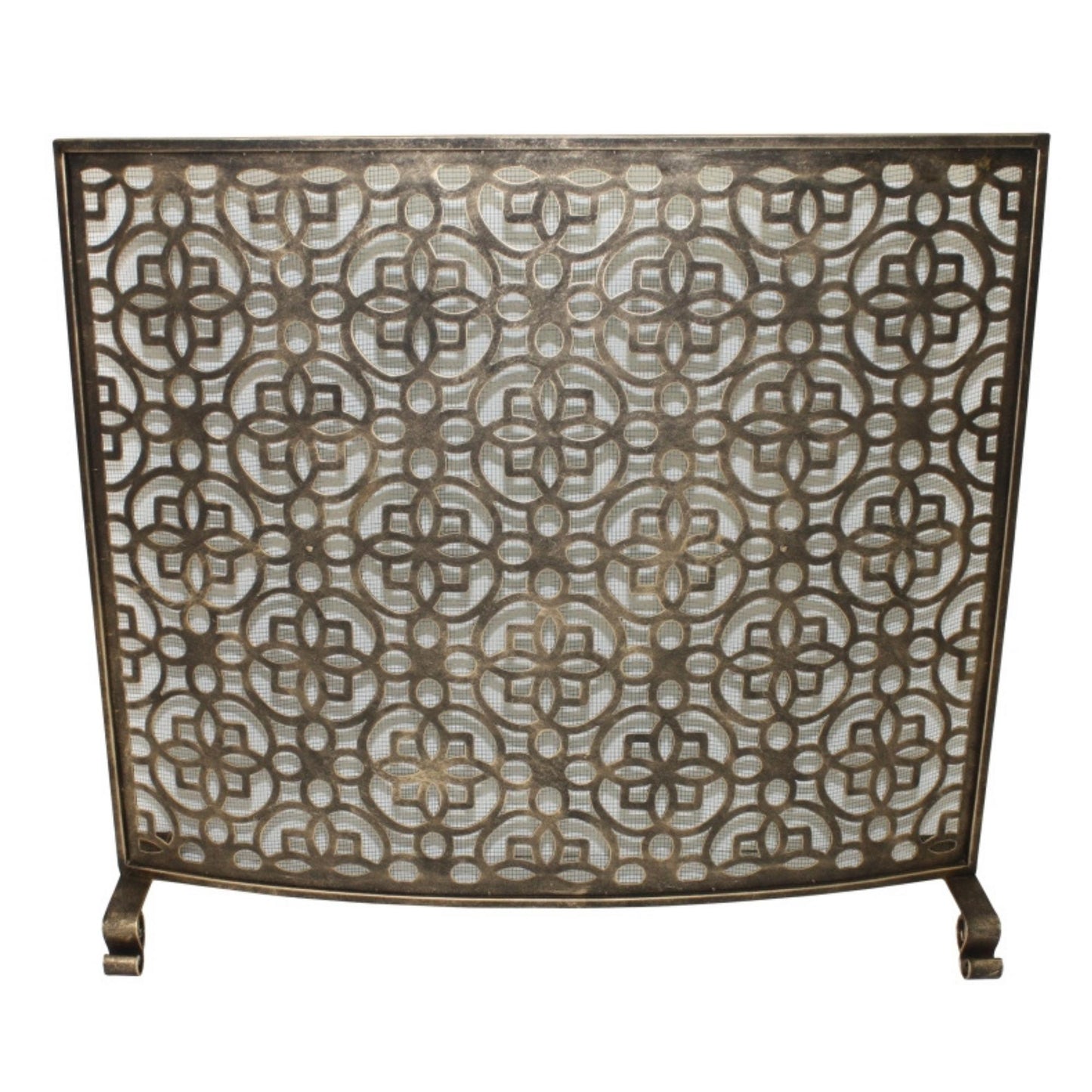 Floret Geometric Design Curved Iron Fire Screen with Mesh - Light Burnished Gold Iron | InsideOutCatalog.com