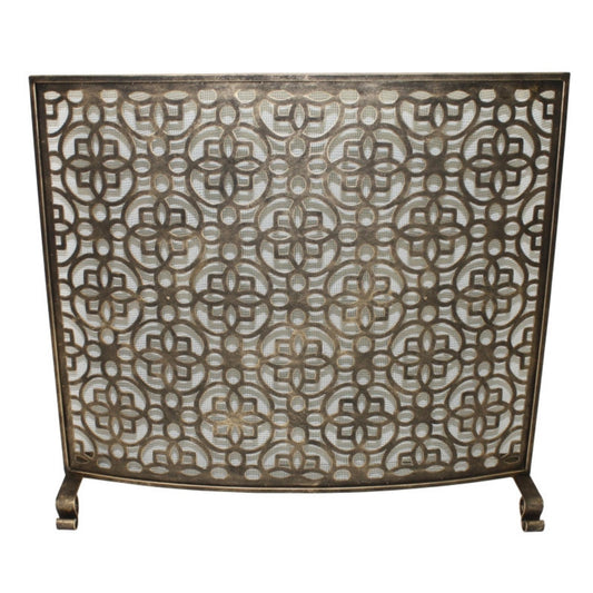 Floret Geometric Design Curved Iron Fire Screen with Mesh - Light Burnished Gold Iron | InsideOutCatalog.com