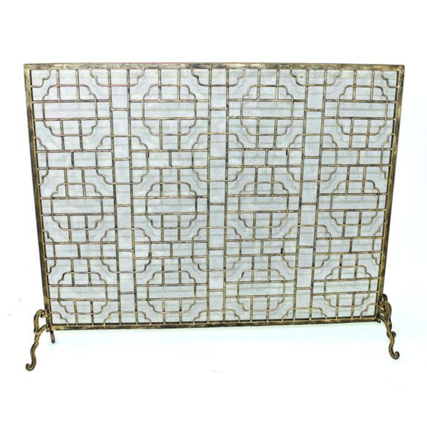 Geometric Design Iron Fire Screen - Light Burnished Gold Single Panel Fireplace Screen | InsideOutCatalog.com