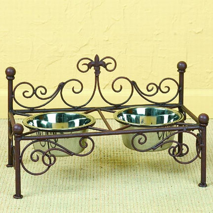 Pet Feeder with Fleur de Lis Accent - Antique Brown Iron Decor | INSIDE OUT | InsideOutCatalog.com