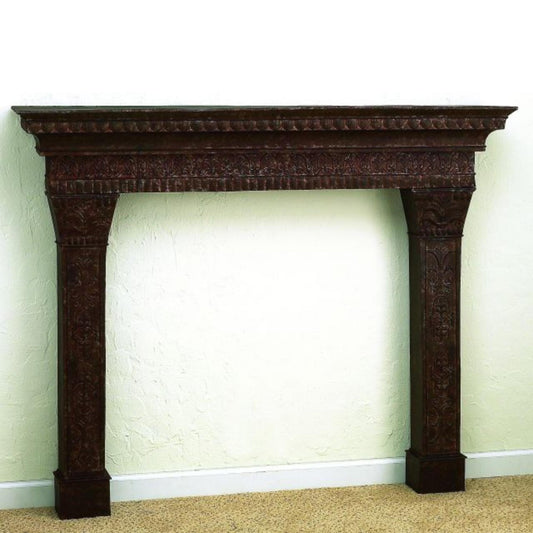Iron Fireplace Mantle - Brown Taupe 3 Section Mantle shown against wall | InsideOutCatalog.com