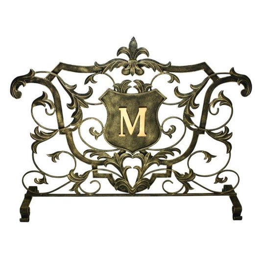 Iron Monogrammed Shield Decorative Fire Screen with Fleur de Lis Accent - Single Panel | InsideOutCatalog.com