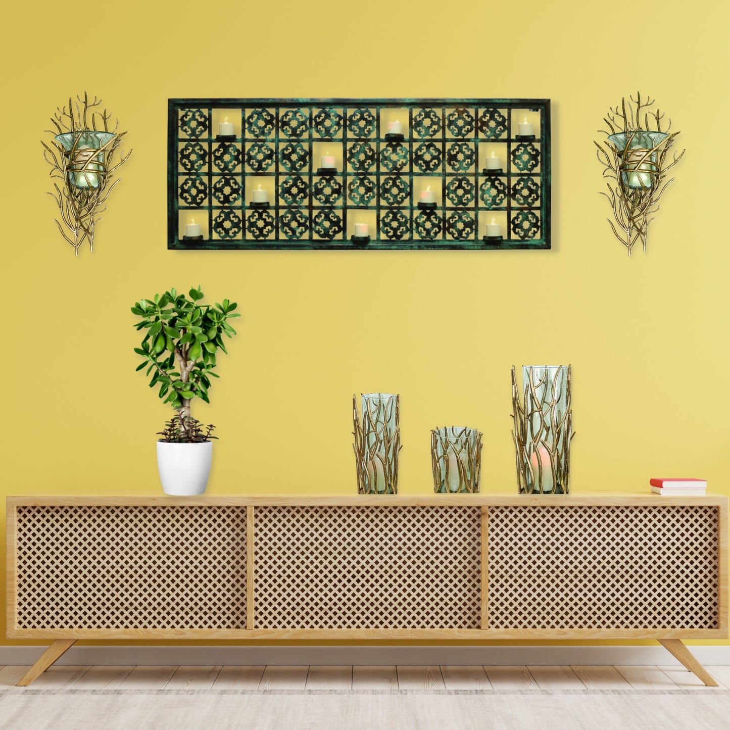 Italian Gold Iron Hurricanes - Twig Accent Iron & Glass Candle Holders - 3 Sizes to Choose From | Beautiful estate quality home decor | Shown with matching Wall Hurricane Sconces and Large Wall Votive Candle Holder | INSIDE OUT | InsideOutCatalog.com