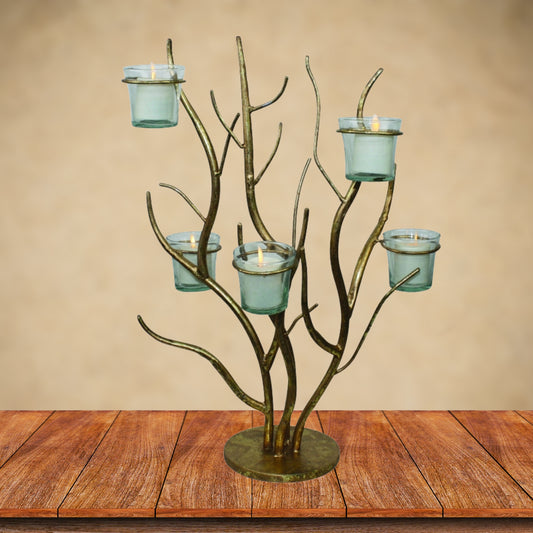 Tabletop Votive Candle Holder - Italian Gold Twig Design Votive Holder (17.75"H) on wood plank tabletop | INSIDE OUT | InsideOutCatalog.com