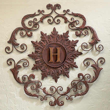 Monogrammed Iron Wall Grille - Monogram Wall Decor | Estate Quality Home Decor | Personalized Wall Decor | Shown with the Monogram "H" | Iron finished in a rustic brown-gold stain with Italian gold 5" monogram | INSIDE OUT | InsideOutCatalog.com