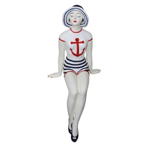 Bathing Beauty Figurine in Red, White, and Navy Striped Swimsuit with Ship Anchor Design - Medium Size Bather Shelf Sitter Statuary | INSIDE OUT | InsideOutCatalog.com