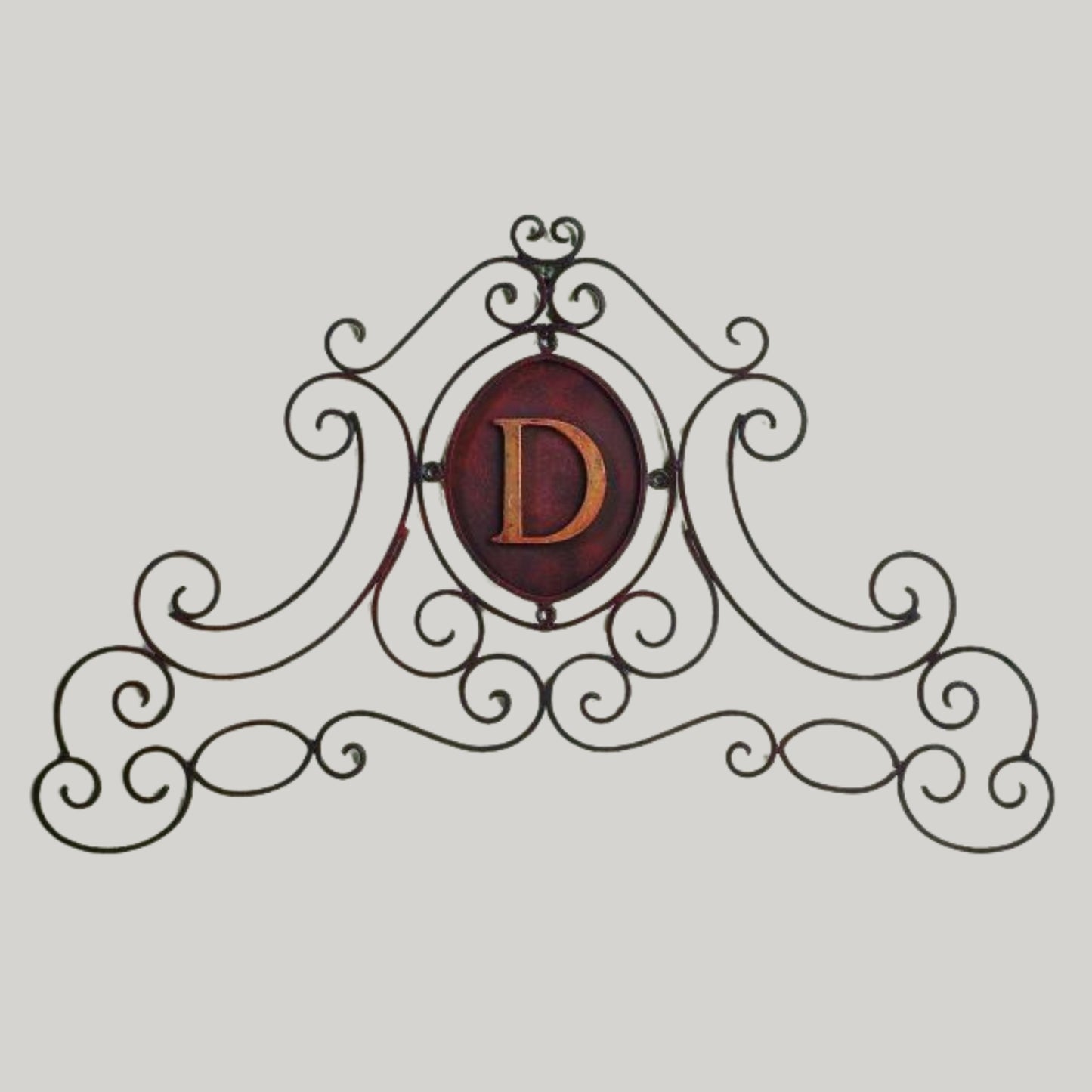 Monogrammed Iron Scroll Wall Grille - Monogram Wall Decor | Estate Quality Home Decor | Personalized Wall Decor | Shown with the Monogram "D" | Iron finished in a antique brown with Italian gold 5" monogram | INSIDE OUT | InsideOutCatalog.com