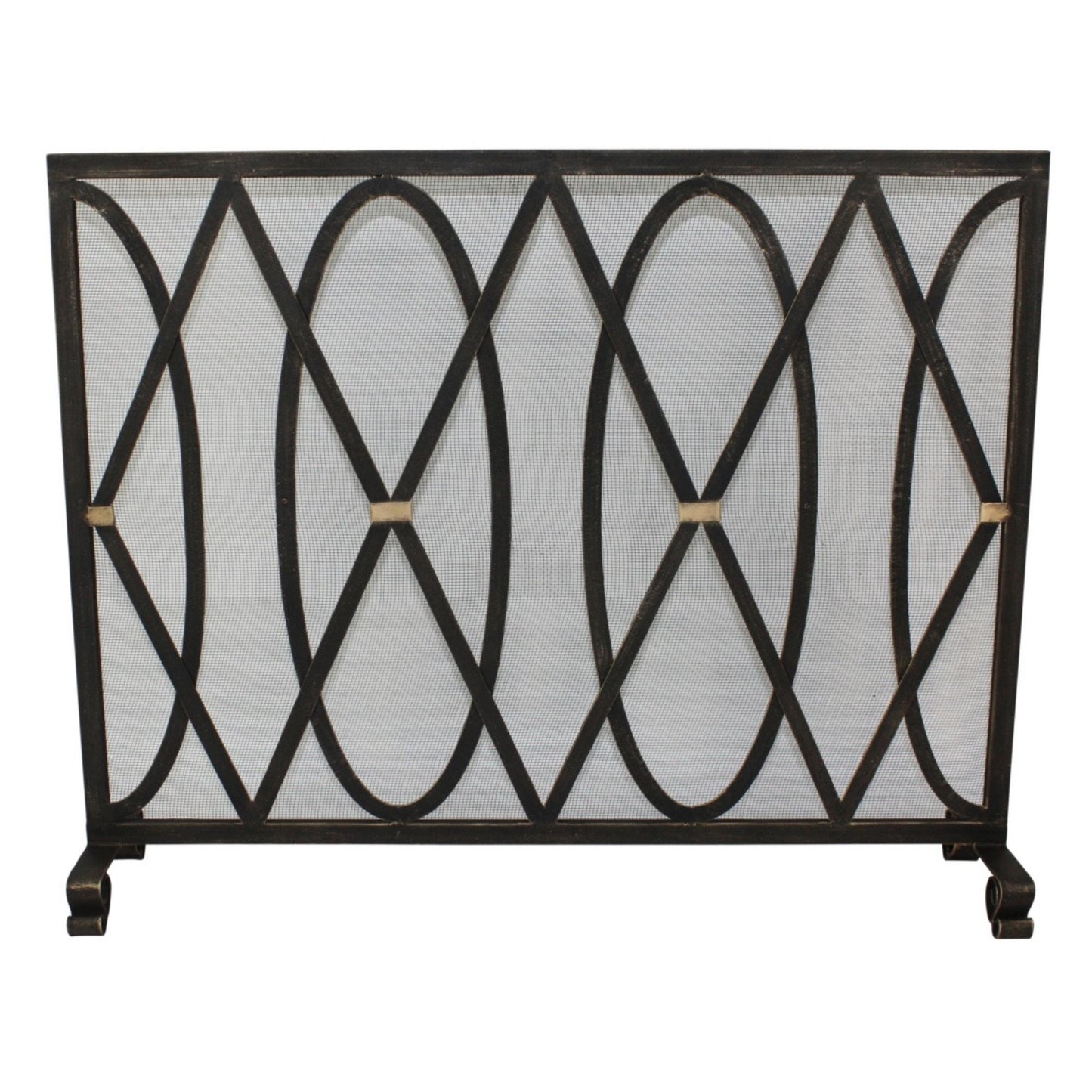 Oval and Diamond Design Single Panel Iron Fire Screen with Mesh - Burnished Gold Iron Screen | InsideOutCatalog.com