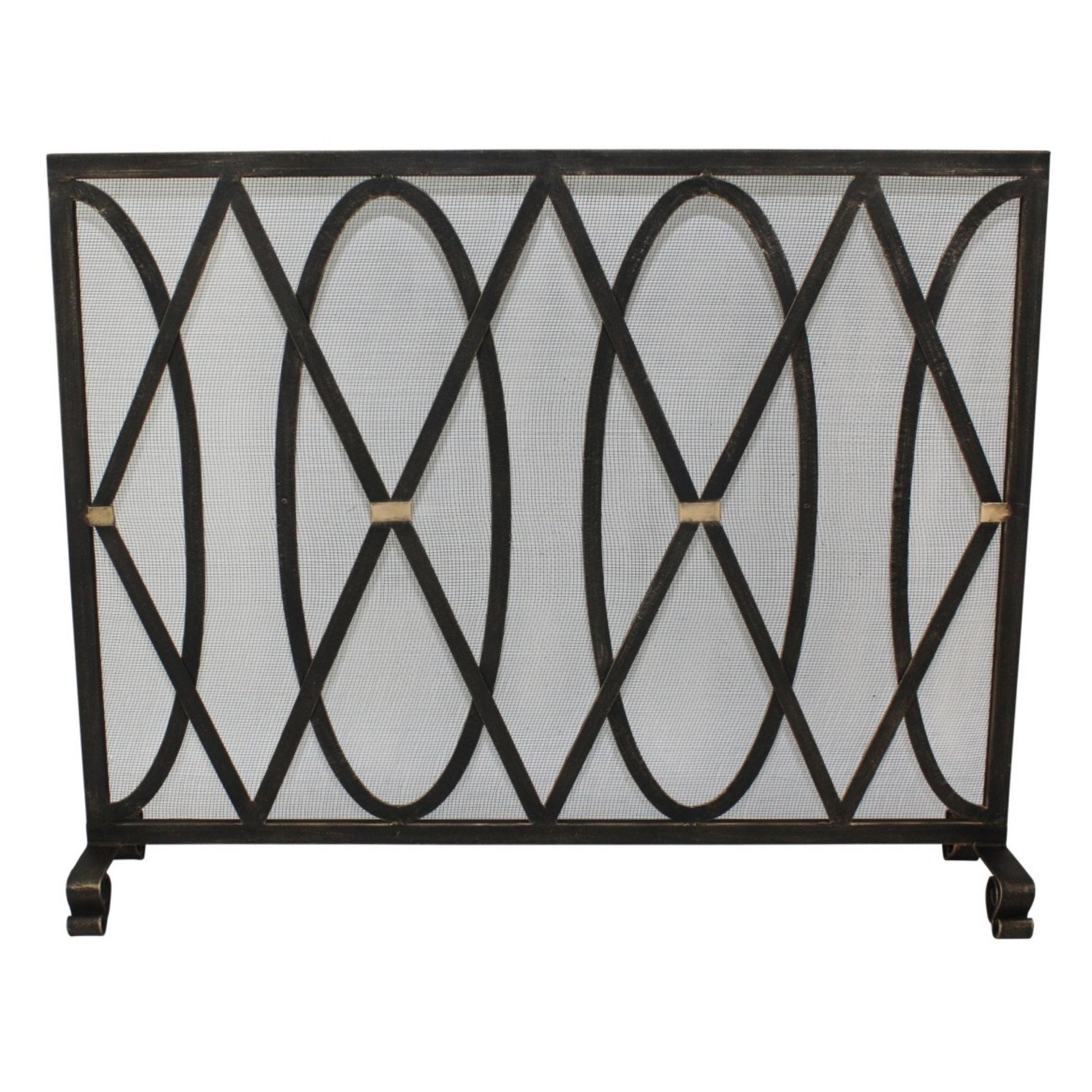 Oval and Diamond Design Single Panel Iron Fire Screen with Mesh - Burnished Gold Iron Screen | InsideOutCatalog.com