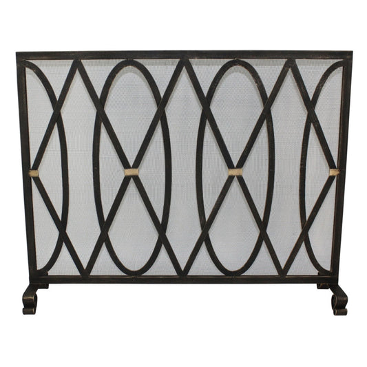 Oval and Diamond Design Single Panel Iron Fire Screen with Mesh - Burnished Gold Iron Screen | InsideOutCatalog.com